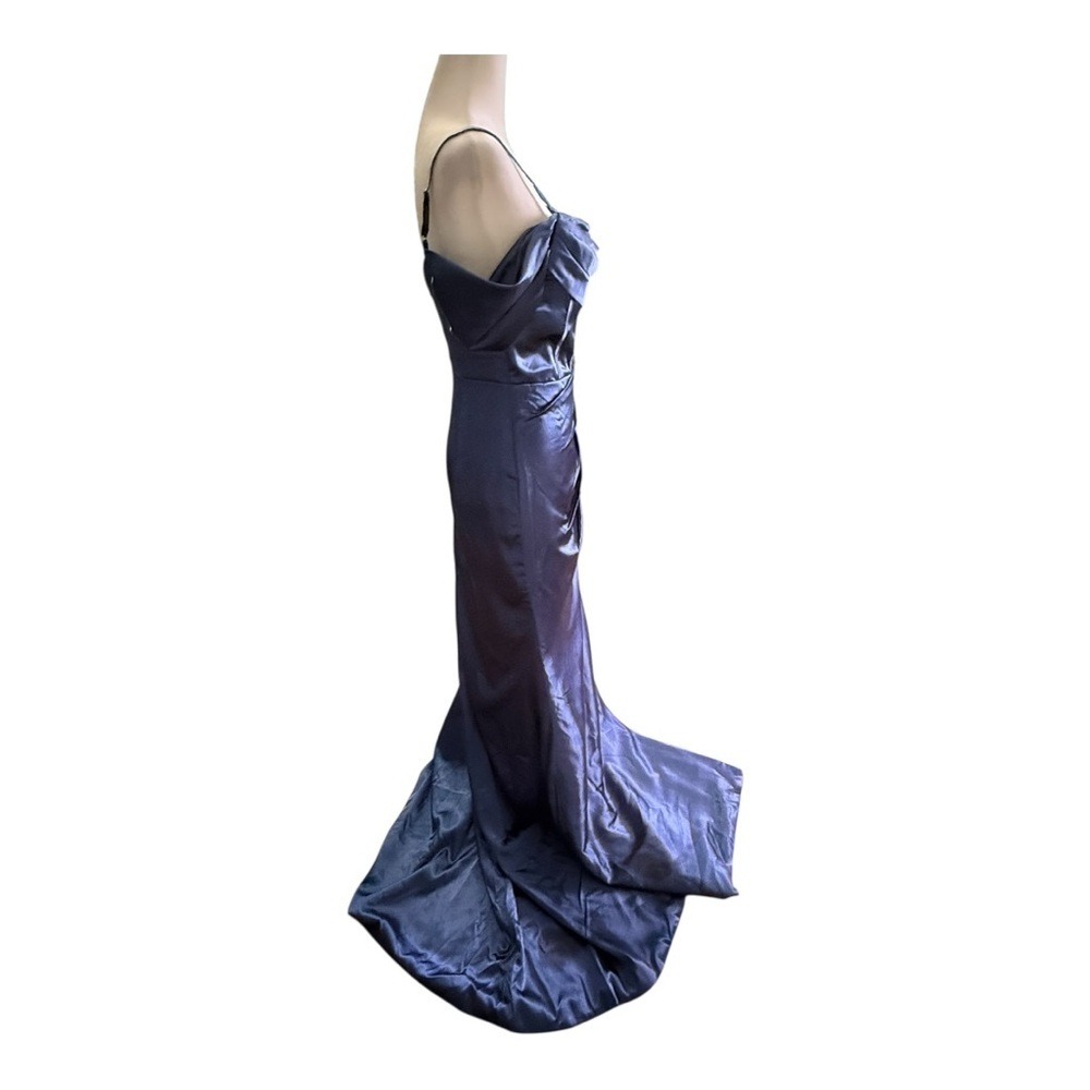 Lavetir Navy Blue Satin Evening Gown NWT Off Shoulder Formal Dress Ball - Picture 8 of 8